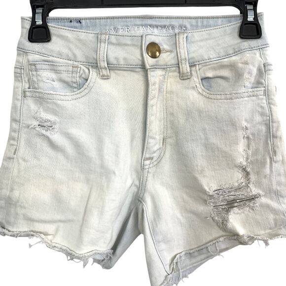 American Eagle Hi Rise Shortie Distressed Light Blue Wash Raw Hem Shorts sz 00 - Picture 1 of 16